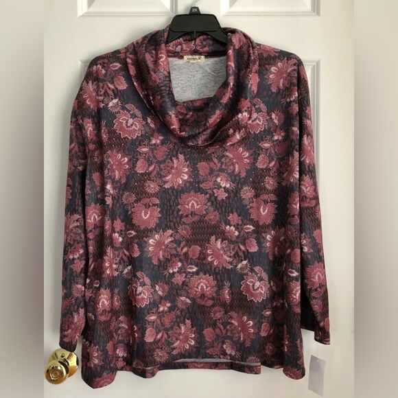 ONEWORLD WOMEN'S PLUS SIZE 2X SWEATSHIRT PULLOVER COWL NECK FLORAL KNIT - Picture 1 of 6